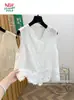 Top de Abrigo Casual sin Mangas de Cuello Redondo con Bordado de Encaje Tridimensional de Color Sólido Artístico para Mujer Tallas Grandes para Verano
