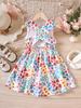 Vestido Princesa Sem Mangas Cruzado nas Costas com Estampa Floral Borboleta Dopamina para Meninas Doces Europeias e Americanas
