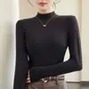 Camiseta base de cuello medio alto para mujer, camiseta de terciopelo alemán, tejido cepillado, negro, cuello neutro, elegante, corte ajustado, top adelgazante
