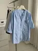 Camisa de Manga Corta de Algodón Puro con Cuello en V Estilo Coreano para Mujer, Blusa Retro Artística de Manga Media, Top Cárdigan de Verano