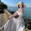Estilo Boho Doce Elegante de Férias Terno Branco Feminino de Verão Sem Alças Conjunto de Duas Peças Saia de Cintura Alta Linha A