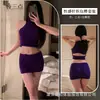 Conjunto de Lingerie Sexy Suéter Roxo Puro Vazado Gola Alta Bodycon Justo Saia Curta Atacado 2076