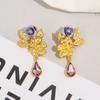 Brincos de pingente de flor roxa romântica romântica antiga feminina elegante brincos de folha de flor dourada roxo cristal prata pino orelha stud