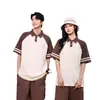 Camisa polo masculina de manga curta para campus jovem, algodão personalizado, combinação de cores, gola contrastante, base de malha, pode ter bordado de logo