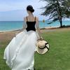 Vestido de verano 2024 con tirantes finos, plisado y estampado industrial en blanco y negro francés, falda larga de nuevo diseño