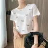 Algodão mercerizado gola redonda cor sólida strass filhote feminino solta casual redutor de idade primavera e verão novo fio de algodão meia manga camiseta