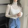 Camisa de encaje interior para mujer, de otoño e invierno, de manga larga, hueca, estilo coreano, con cuello alto medio y malla adelgazante en forma de D