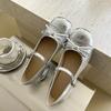 Zapatos de Ballet de Boca Baja con Lazo Plateado para Mujer 2025 Verano Nuevo Estilo Flats Francesas Mary Jane Retro Zapatos Pequeños de Cuero