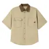 Camisa de Manga Corta a Cuadros Finos con Cuello de Mezclilla Desgastado Estilo Retro Americano para Hombre Verano Holgada Casual Ropa de Trabajo Marca de Moda