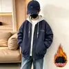 Chaqueta con Capucha Colorblock para Niños Otoño Invierno Algodón Plus Engrosada Chaqueta de Béisbol Niños Medianos y Grandes Moderna Letra Holgada