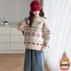 Meninas 2026 Estilo Coreano Novo Suéter de Tricô com Laço Redondo Top Jeans de Perna Reta Veludo Plus Tamanhos Médio e Grande Tendência
