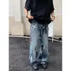 Calça jeans estilo americano, lavagem desgastada, unissex, coleção primavera/outono, perna reta, corte solto, vibe high-street europeia e americana, calça longa da moda