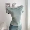 Camiseta de Verano 2026 con Pliegues, Costilla Irregular, Hombros Descubiertos, Cuello Amplio, Manga Corta y Diseño Único para un Look Puro y Sexy