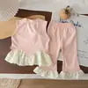 Ropa para Niñas 2026 Nuevo Estilo de Verano con Flores Tridimensionales, Atuendo de Bebé a la Moda con Chaleco de Encaje y Pantalones de Campana Conjunto de Dos Piezas
