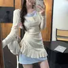 Vestido Xadrez Contrastante Estilo Street Doce e Picante com Decote Halter Falso Duas Peças para Mulheres Outono e Inverno Manga Longa Malha Cordão Curto Bodycon