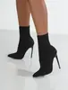Botas de Malha Elástica Outono 2021 Bico Fino Botas Meia Cano Médio Salto Alto Botas Curtas Tamanho Grande Botas Meia Salto Fino