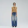 Pantalones Largos de Mezclilla de Algodón con Pierna Curva Moda Francesa para Mujer Lavados Personalidad Sueltos Frescos Pierna Ancha Cuatro Estaciones Pantalones de Mezclilla Largo hasta el Piso Producto Nuevo