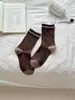 Calcetines de mujer color verde café para otoño e invierno con bordes de volantes, calcetines de algodón para mujer sin costuras, calcetines con lazo, calcetines de media pantorrilla, algodón peinado