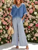 Conjunto de duas peças listrado com decote em V, coleção Primavera/Verão 2026, blusa solta de manga curta e calça pantalona, conjunto feminino para comércio exterior