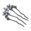 Elegante Pasador de Flor con Pedrería en Forma de U para Mujer, Pasador Peine con Inserto Negro Gunmetal, Pasador Estilo Antiguo Nuevo Estilo Chino para Peinados Recogidos