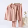 Distribuído e enviado em nome de terceiros: Roupa de casa feminina de gaze de algodão puro para primavera e outono, com gola, estampada, de manga comprida, calça comprida, pijama confortável para casa