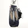 Pantalones Curvos de Hoja Retro Desgastados para Mujer 2026 Tendencia Versátil Nuevo Estilo Lavado Bigotes de Gato Plisados Sueltos Adelgazantes Pierna Ancha