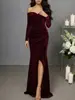 Vestido longo de veludo europeu e americano para Amazon, de um ombro só, estilo sereia, com mangas compridas, fenda alta, modelagem justa, para noite