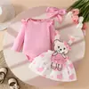 Amazon Outono e Inverno Vestido de Bebê Menina Terno Manga Longa Vermelho Chapéus Triângulo Boneca Urso Vestido de Alça Faixa de Cabelo