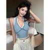 Top de Tirantes con Cuello Halter de Encaje Patchwork 'Hot Girl' para Mujer con Sentido del Diseño [Calidad Original - con Lazo]