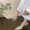 Sapatos femininos de salto alto, novos chinelos chineses de flor Baotou, sapatos femininos 2025, roupa nova de primavera e verão, tamanhos grandes, atacado