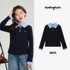 Camiseta de Manga Larga para Niñas Pudding Haru Estilo Ins Cuello Camisero Nuevo Color 2026 Primavera y Otoño Bloque de Color Versátil Ajuste Delgado