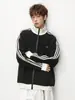 Sudadera Cardigan con Textura de Rayas Verticales Bloque de Color para Hombre, Temporada de Primavera, Textura Gruesa, Cuello Alto, Corte Holgado, Chaqueta Deportiva Casual