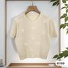 Primavera Nuevo Estilo Diseño con Cuentas Tejido de Seda de Hielo Manga Corta Elegante Estilo Caliente Dulce Camiseta Marca de Moda Top Cuello Redondo