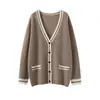 Nuevo Suéter Cardigan Abrigo de Punto Trenzado de Cachemira para Mujer Otoño/Invierno 2025 Bloque de Color Bolsillo Doble Cuello en V