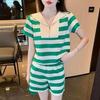 Traje de moda para mujer 2023 Verano nuevo estilo occidental a rayas cuello azul marino camiseta manga corta pantalones cortos conjunto de dos piezas para mujer