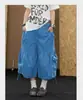 Direto do Fabricante: Calça Cropped Workwear com Cordão e Pregas Estilo Americano com Bolsos Grandes, Shorts de Perna Larga para Homens e Mulheres, Verão