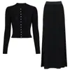 25135 Alta Calidad Punto Elástico Nuevo Otoño e Invierno Suéter de Punto de Manga Larga para Mujer Chaqueta Cardigan + Traje de Falda de Longitud Media