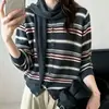 Cardigã de tricô listrado com gola redonda para mulheres, novo estilo outono 2026, com design de cachecol, jaqueta suéter, top de manga longa