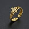 Europa y Estados Unidos nuevo anillo abierto de cruz de circonita micro incrustada personalidad femenina retro simple doble anillo joyería al por mayor