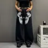 Calça de moletom vintage americana com estampa de asas, lavada e desgastada, para homens e mulheres, calça casual solta de perna larga, calça longa solta para street dance