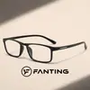 Gafas rectangulares de montura completa lisas para mujer y hombre, con lentes transparentes, una combinación de colores negro brillante y morado, y patillas finas, adecuadas para el uso diario