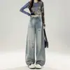 Jeans Rasgado Estilo Retrô Americano para Mulheres Verão 2025 Novo Design Cintura Alta Reta Solto Perna Larga Calças Tendência