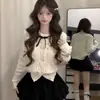 Elegante cárdigan de punto con lazo de pedrería estilo coreano, suave y versátil, moderno top nuevo de ajuste ceñido para mujer de otoño e invierno