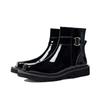 Entrega em uma peça botas curtas de bico quadrado em couro genuíno de alta qualidade masculina couro envernizado zíper lateral brilhante cano alto estilo britânico botas Martin