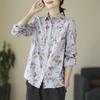Foto Real de Camisa de Lino Floral de Primavera 2026 en Stock con Incrustaciones de Encaje, Mangas Largas, Cuello de Solapa, Camisa Casual Retro Estampada de Algodón y Lino
