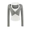 Estilo Sexy Hot Girl Europeu e Americano Contraste Falso Duas Peças Elástico Justo Camiseta Básica Top Curto Manga Longa Decote Halter