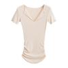 Camiseta de manga corta para mujer, sexy, de color sólido, con puños, escote en V y dobladillo plisado, ideal para verano de 2023