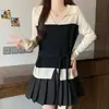 Top de punto de manga larga para mujer de talla grande, estilo francés de otoño, con bloques de color, cuello en V, imitación de dos piezas, entallado a la cintura