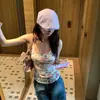 Camisola acolchada desmontable de estilo dulce con estampado de dibujos animados, con lindos patrones de gatos y corazones, corte ajustado para chicas calientes