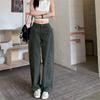Foto Real de Jeans de Trabalho Militar Verde Retro Americano para Mulheres Verão 2025 Calças Scimitar de Cintura Alta Calças de Perna Larga Calças Longas